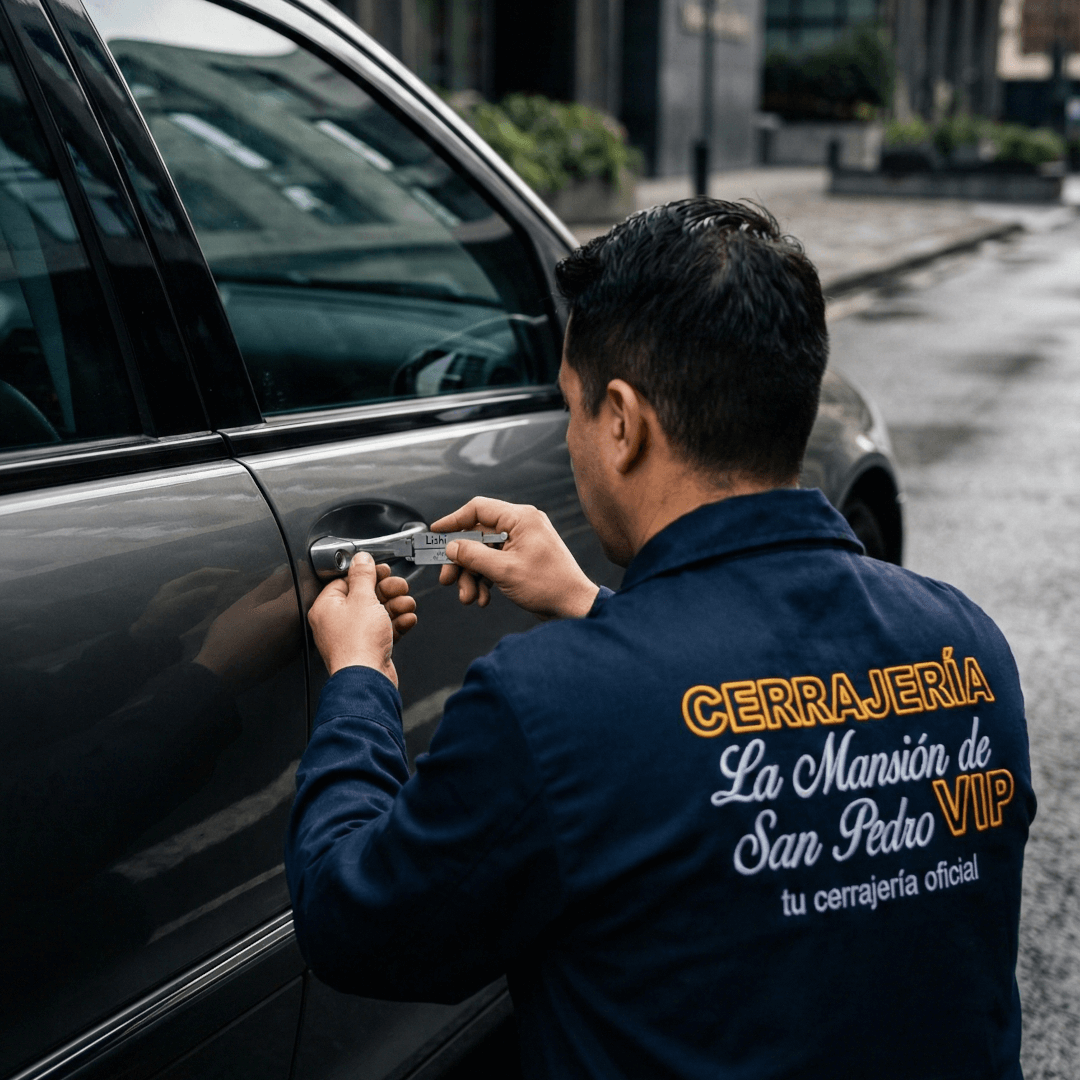 Cerrajero profesional de La Mansión de San Pedro VIP abriendo la puerta de un vehículo con herramientas especializada