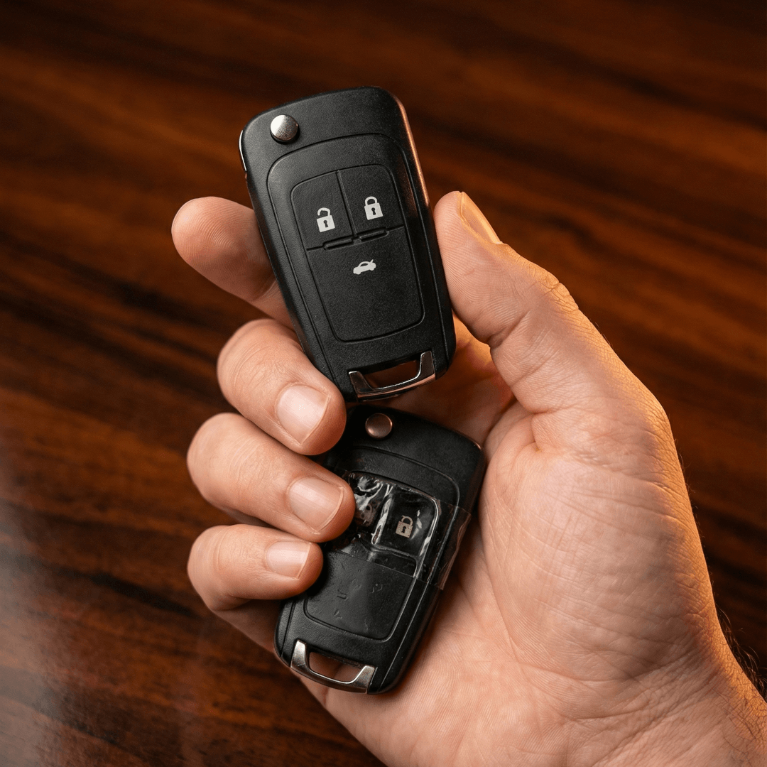 Comparación de una carcasa de llave de coche vieja dañada con cinta adhesiva frente a una carcasa nueva instalada por cerrajeros expertos