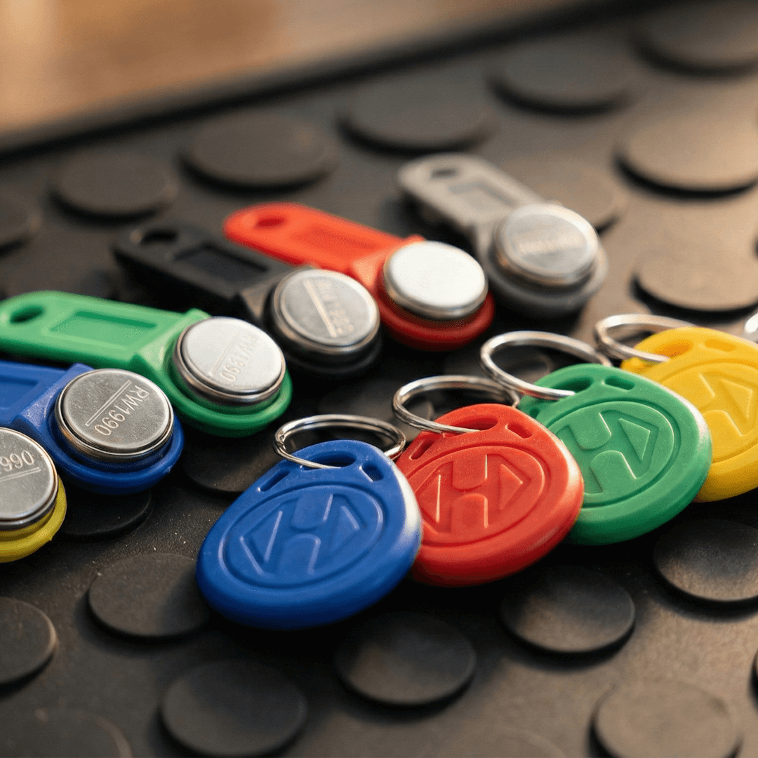 Variedad de llaves magnéticas tipo iButton y fobs de proximidad RFID de colores para control de acceso a edificios